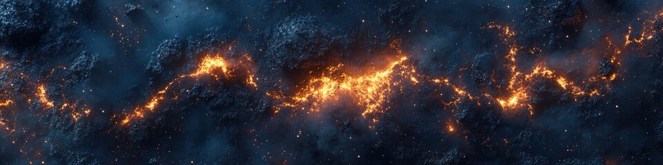 Cosmic Industrial Fusion: Steel Splatter Frozen as Nebula-like Particle Clusters, Molten Iron Forms Luminous Vortex. Deep Space Blue Contrasts Lava Orange, Metallic Oxidation Texture Overlay. Abstract