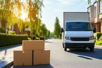 Delivery truck with two packages on the ground, ensuring timely courier service for recipients' items