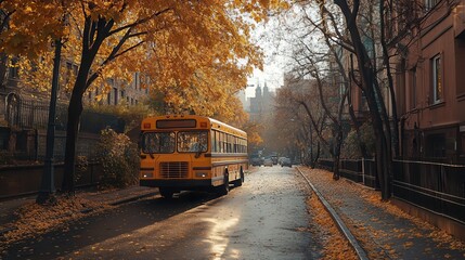 Obraz premium School bus drives down a City road in autumn With No text on fornt desplay of Bus.