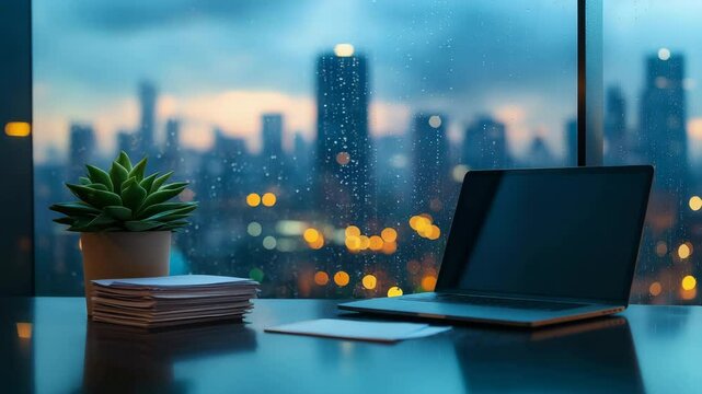 Laptop on Desk overlooking a Rainy City Nightscape cozy workspace