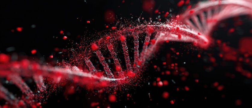 DNA gene forensic concept. Abstract DNA strand with red and white particles against a dark background