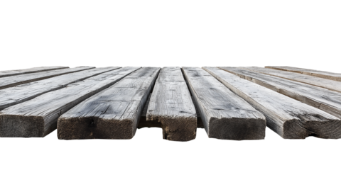A weathered wooden pier with rustic texture, isolated on a transparent or white background.