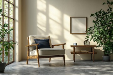 Scandinavian style living room with natural light and cozy wooden furniture
