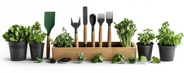 Fototapeta premium Gardening tools with fresh herbs and greenery in a wooden container