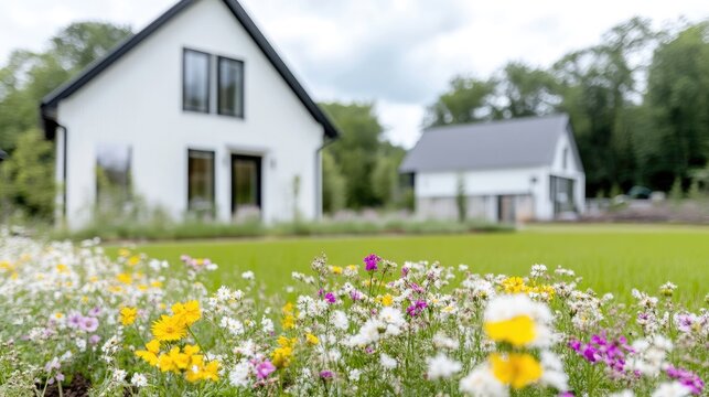 Modern farmhouse homes nestled in a landscaped yard with vibrant wildflowers