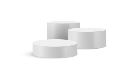 White 3D podium stand clean round platform background. Minimal cylinder display with light gray shadows and geometric shape. Modern showcase scene features luxury cylinder design in studio perspective