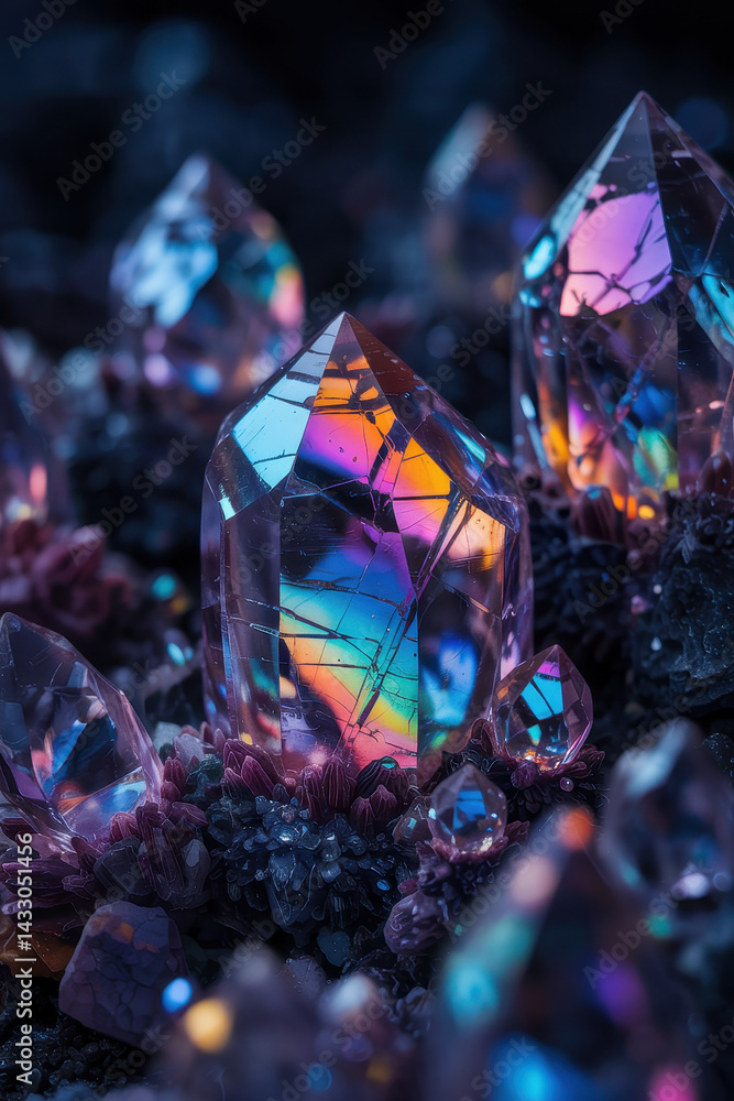 Poster mystical multicolored crystals glimmering in a dark enchanted setting with a touch of fairy tale