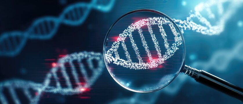 DNA gene forensic concept. Magnifying glass focusing on DNA strands in a digital design. - Powered by Adobe