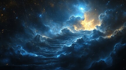 Cosmic stairway through swirling nebulae and starlight.