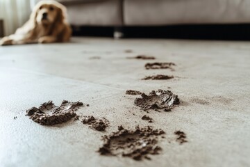 Muddy dog paw print on clean home floor
