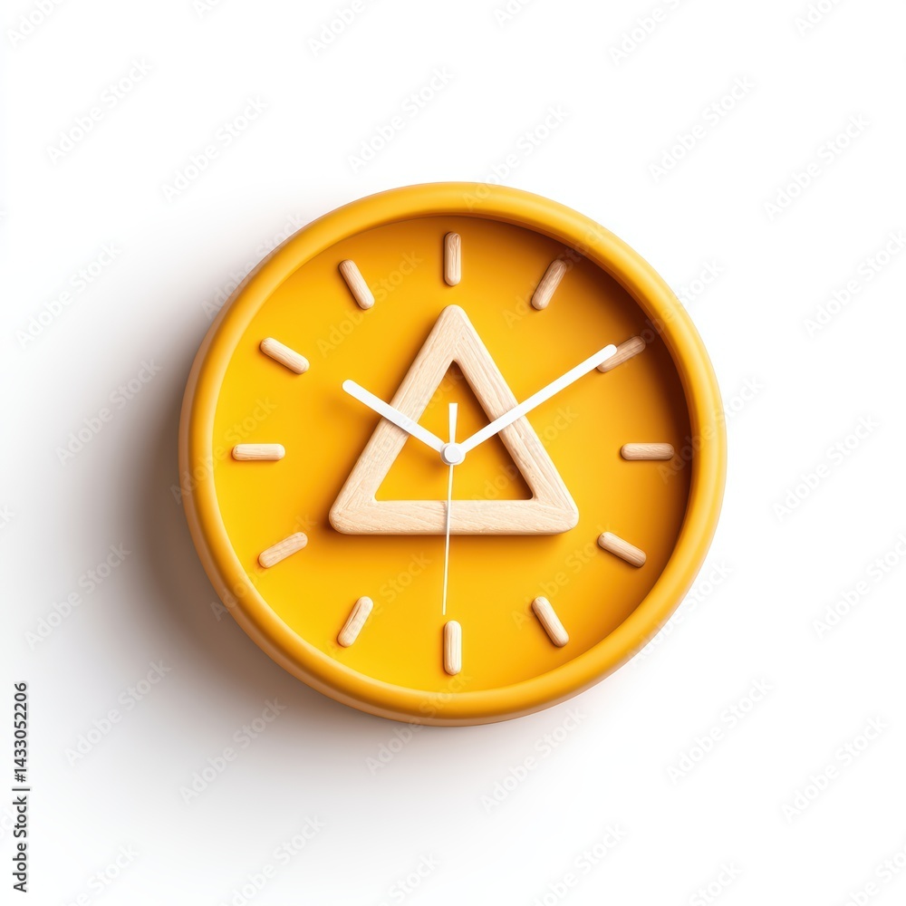 Poster a modern yellow wall clock featuring a triangular design with wooden accents, adding a vibrant touch