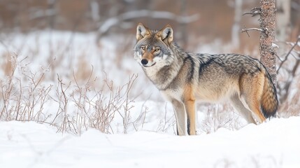 Obraz premium Wolf stands alert in a snowy landscape surrounded by shrubs during winter in a forested area