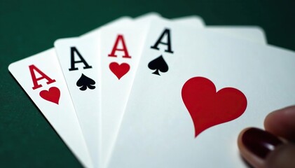 Fototapeta premium Four aces fanned out, showcasing their distinct suits , four aces, background