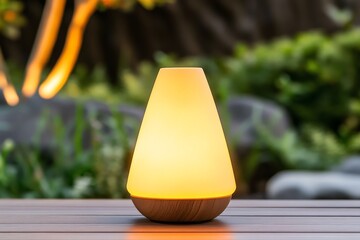 Modern Cone-Shaped Table Lamp with Warm Ambient Glow on Outdoor Wooden Surface at Dusk