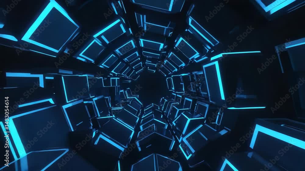 Poster abstract 3d tunnel of glowing cubes in deep blue space.