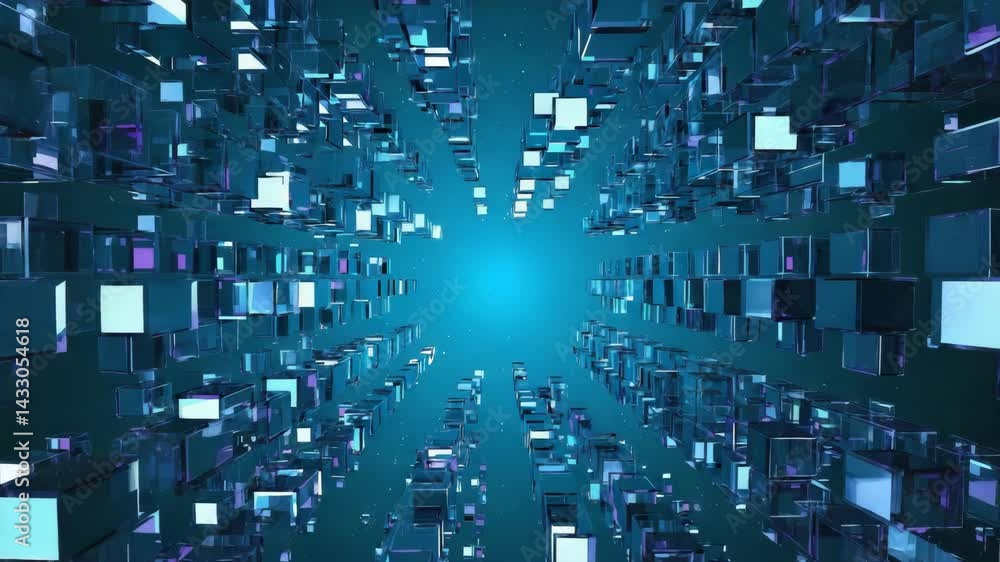 Poster abstract 3d tunnel of glowing cubes in deep blue space.