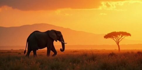 Fototapeta premium Elephant silhouette against misty savannah backdrop, elephants, landscape