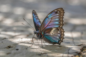 Obraz premium Luminous Blue Butterfly with Iridescent Wings Alighting on Sun-Kissed Ground