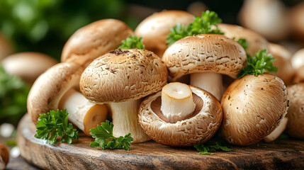 Fresh Brown Mushrooms with Parsley Garnish on Rustic Wooden Board