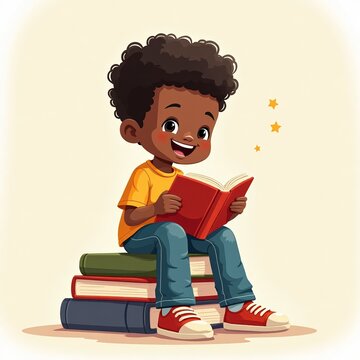 Child sits atop a stack of books, deeply immersed in book, with a dreamy and whimsical atmosphere. Education, imagination, and curiosity, children's literature, learning materials
