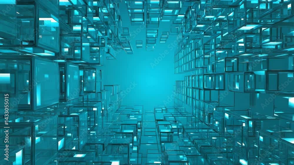 Aufkleber abstract 3d tunnel of glowing cubes in deep blue space.