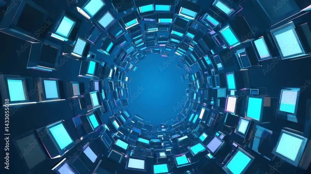 Poster abstract 3d tunnel of glowing cubes in deep blue space.