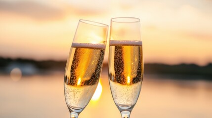Champagne flutes toasting at sunset