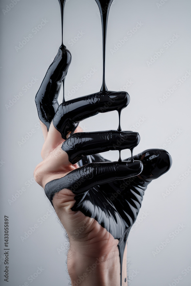 Poster artistic expression of hand drenched in black paint with dripping effect against a light background