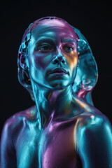 Futuristic Portrait of a Woman with Iridescent Skin in Surreal Blue and Purple Tones