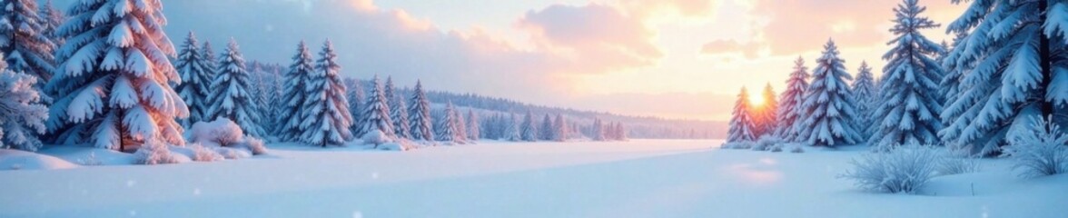 Winter landscape with snow-covered trees and frozen lake, evergreen, winter