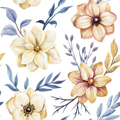 Watercolor seamless botanical pattern with beige flowers and soft blue leaves on white elegant background