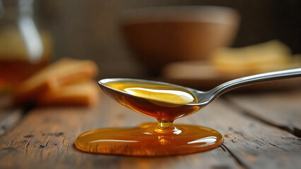 a macro shot of a spoon with a drop of honey on its tip, the golden liquid reflecting the surrounding light, with a blurred background of a rustic kitchen counter

