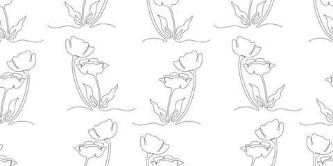 Seamless Pattern Two Flowers with Leaves on White Background. One Continuous Line Drawing. Simple Linear Horizontal Minimalist Elegant floral template. Vector Illustration  