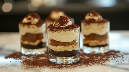 Three jars of tiramisu are displayed on a marble surface, surrounded by scattered coffee beans and cocoa powder. 