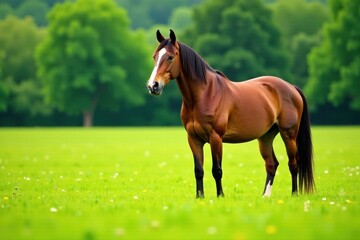 Obraz premium Horse standing in a green meadow, farmland, open fields,