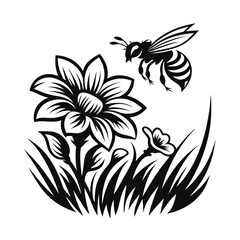 Black Silhouette of Bee Flying Near Flowers and Grass Isolated on White Background