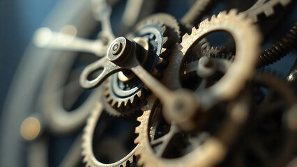 a close-up of a clock’s ticking second hand, highlighting the intricate metal gears and the subtle movement of the hand, with soft shadows cast by the ticking mechanism

