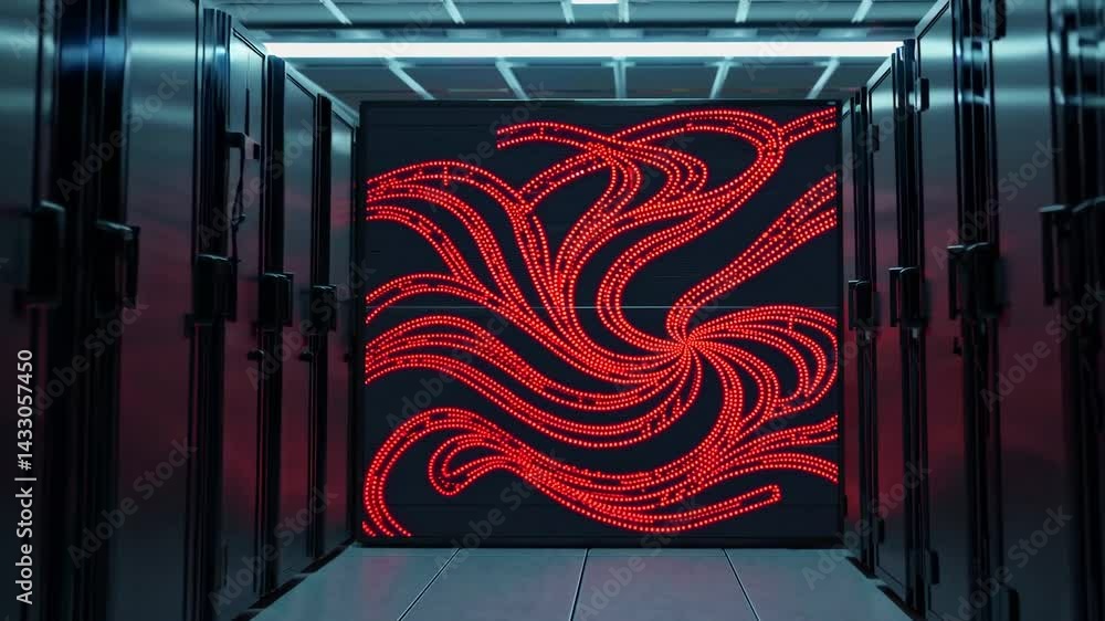 Poster exploring a high-tech data center with glowing artwork and sleek server racks
