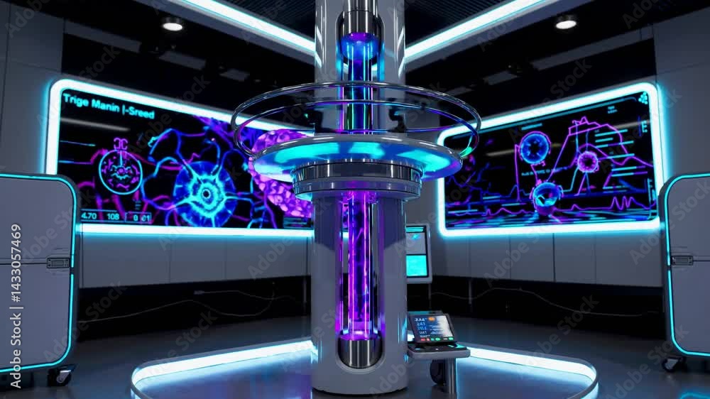 Poster exploration of a futuristic science lab with advanced technology and colorful displays