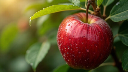 Obraz premium a detailed shot of a red apple’s skin, glistening with droplets of water, set against a soft blurred background of green leaves and sunlight filtering through