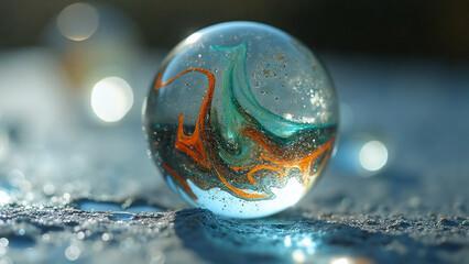 a macro shot of a shiny glass marble, with swirling colors inside, resting on a smooth, polished surface, reflecting a small amount of light and creating intricate patterns

