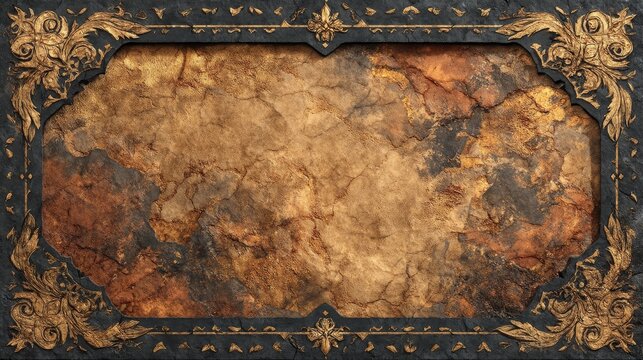 Dark fantasy background in gothic art style with aged parchment texture, black and gold color theme, and intricate vintage border like pages from an ancient book