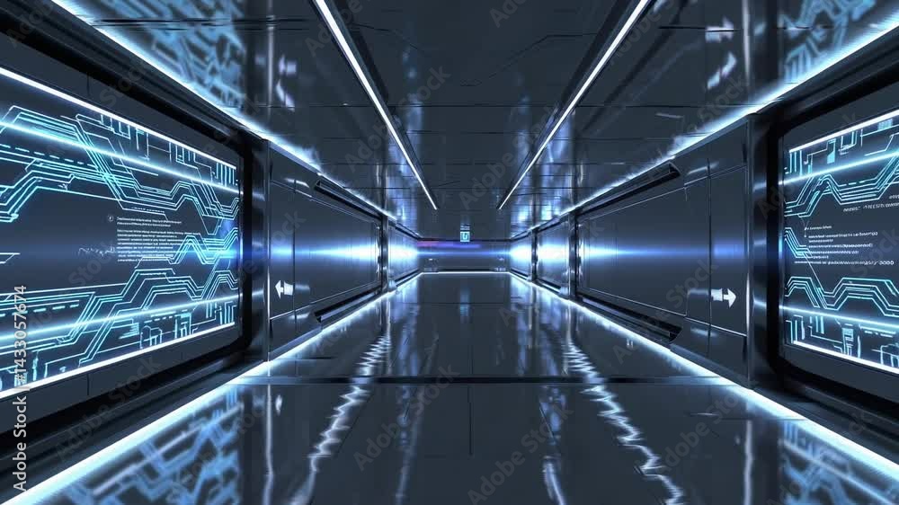 Leinwandbilder exploring a futuristic hallway illuminated by glowing technology designs in a high-tech environment