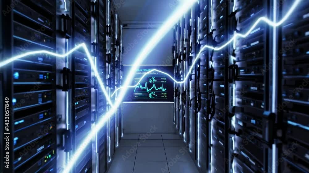Poster exploring a modern data center with illuminated servers and energy flow visualization