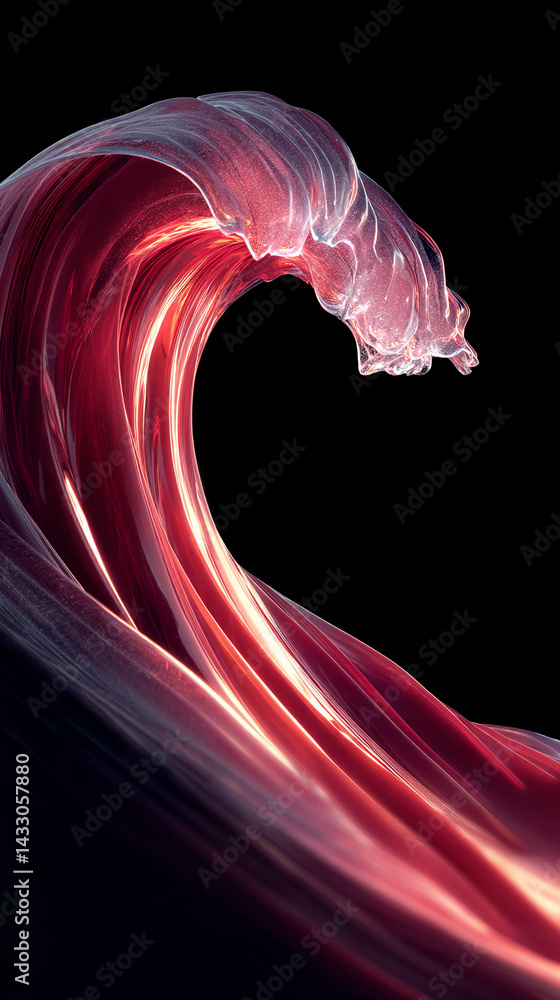 Aufkleber Abstract image of a red translucent wave, flowing dynamically against a black background.  Represents fluidity, energy, and movement, suitable for modern designs