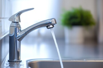 Running water from faucet into kitchen sink