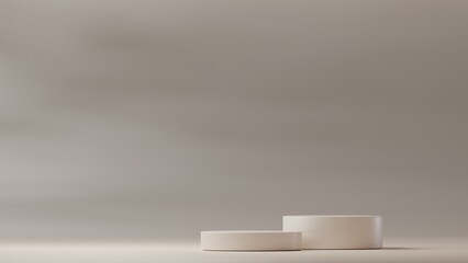 White empty podium or pedestal for product presentation on two floors, showcase of product. Round mockup platform on pastel beige background. 3d rendering