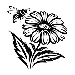 Simple Black and White Flower Design with a Bee Flying to Pollinate It