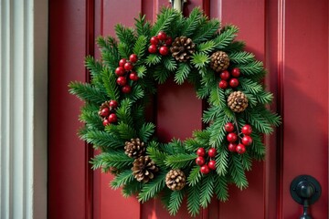 Christmas wreath on a wooden door with red berries and pinecones, festive, pinecones