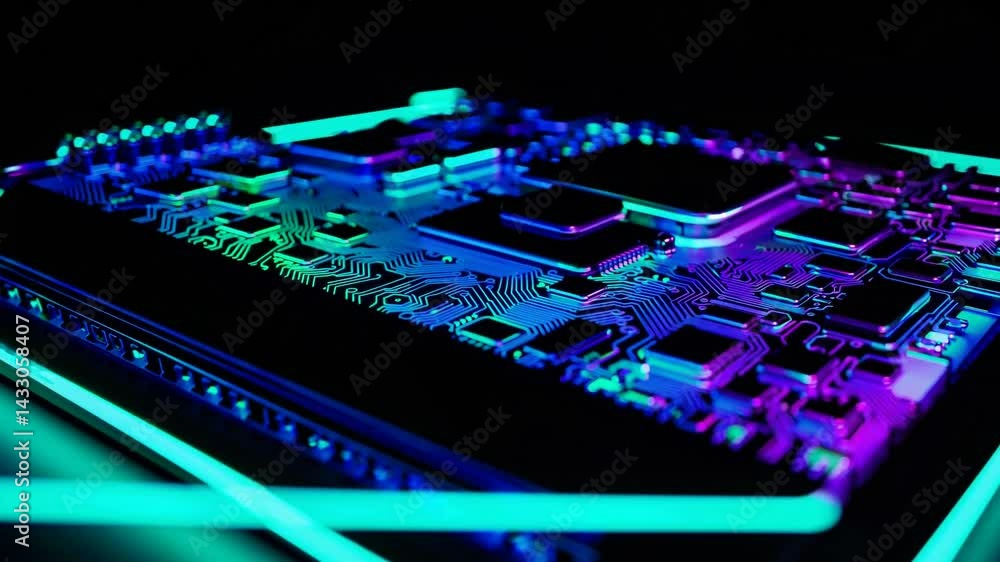 Poster vibrant electronic circuit board showcasing intricate patterns and glowing lights in a darkened sett